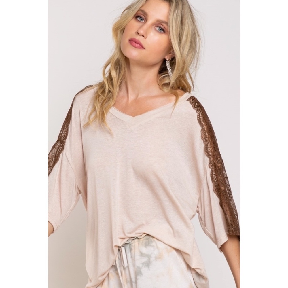 POL Beige Lace Detail Half Sleeve Oversized Tee - Picture 3 of 6
